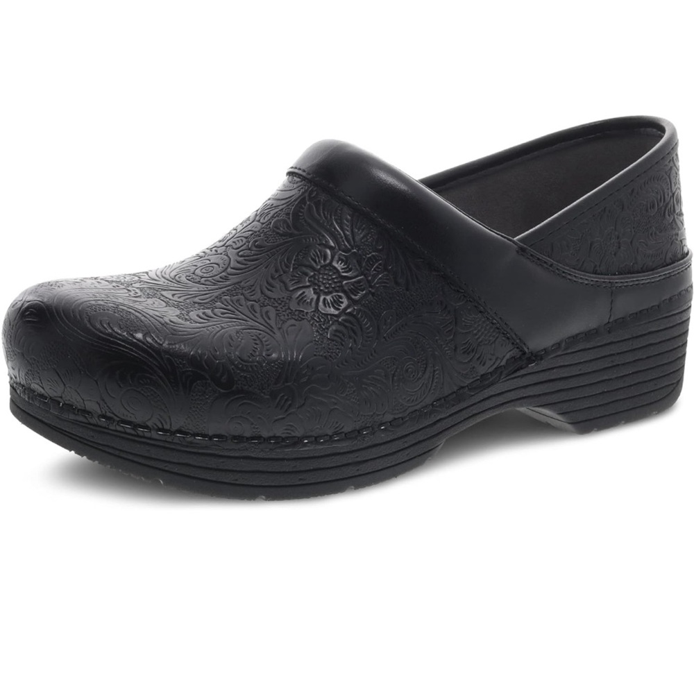 Dansko LT Pro floral tooled black clogs